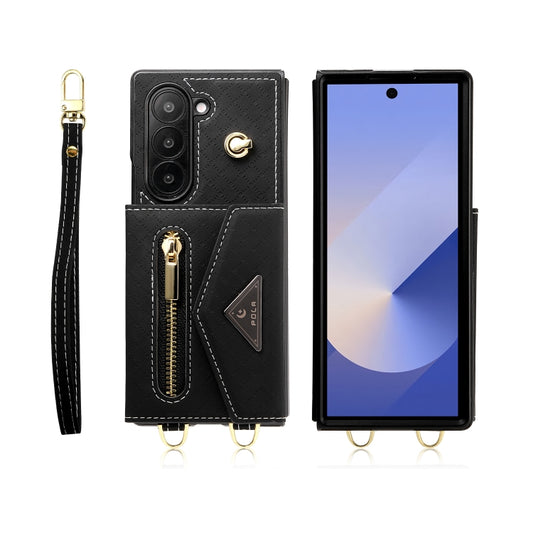For Samsung Galaxy Z Fold6 POLA Grid Texture Multi-Card Slots Zipper Wallet Phone Case(Black) - Galaxy Z Fold6 5G Cases by POLA | Online Shopping UK | buy2fix