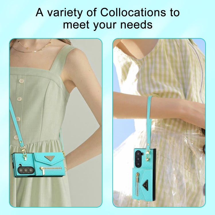 For Samsung Galaxy Z Fold6 POLA Grid Texture Multi-Card Slots Zipper Wallet Phone Case(Blue) - Galaxy Z Fold6 5G Cases by POLA | Online Shopping UK | buy2fix