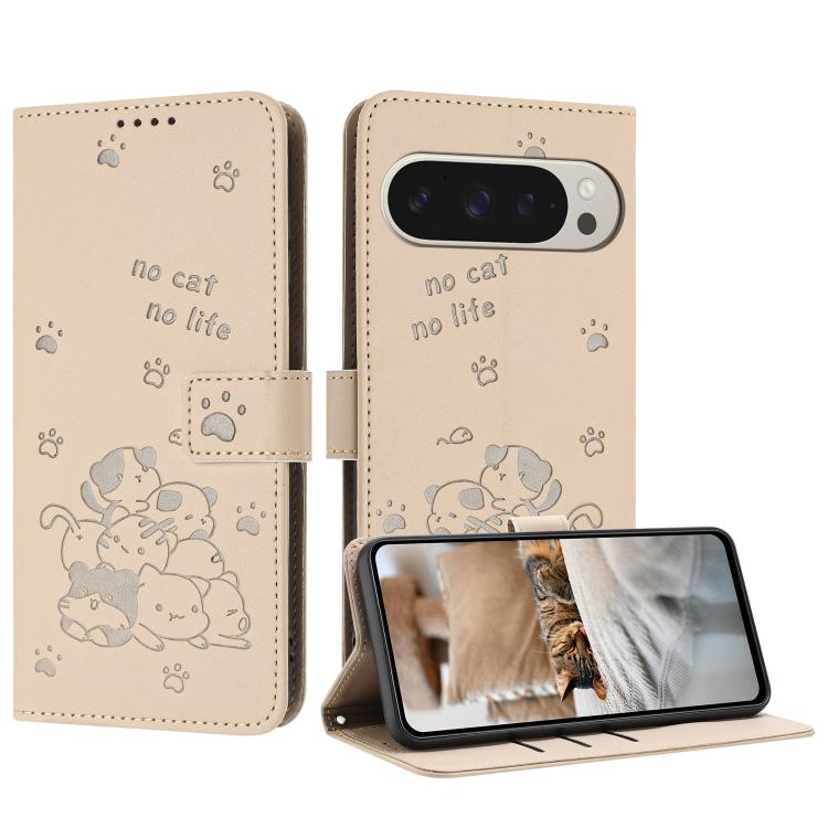 For Google Pixel 10 Pro XL Embossed Kitten Phone Leather Case with Lanyard(Beige) - Google Cases by buy2fix | Online Shopping UK | buy2fix