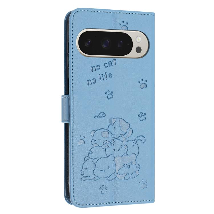 For Google Pixel 10 Pro XL Embossed Kitten Phone Leather Case with Lanyard(Blue) - Google Cases by buy2fix | Online Shopping UK | buy2fix
