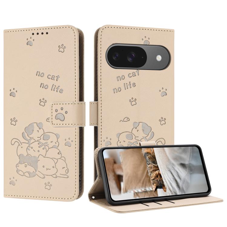 For Google Pixel 10 / 10 Pro Embossed Kitten Phone Leather Case with Lanyard(Beige) - Google Cases by buy2fix | Online Shopping UK | buy2fix