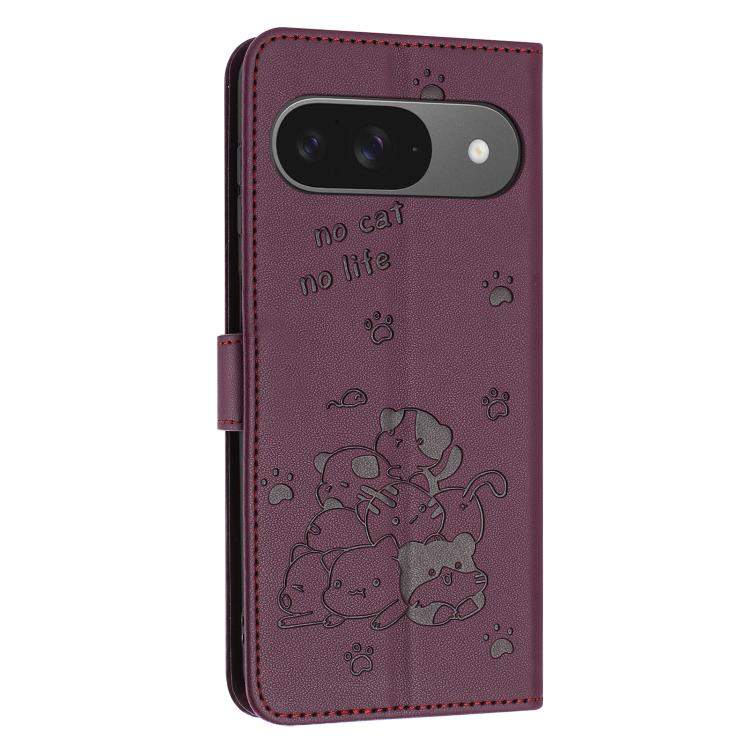 For Google Pixel 10 / 10 Pro Embossed Kitten Phone Leather Case with Lanyard(Wine Red) - Google Cases by buy2fix | Online Shopping UK | buy2fix
