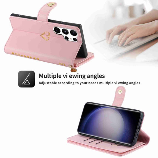 For Samsung Galaxy S23 Ultra 5G POLA Love Multi-Card Slots Zipper Wallet Leather Phone Case(Pink) by POLA