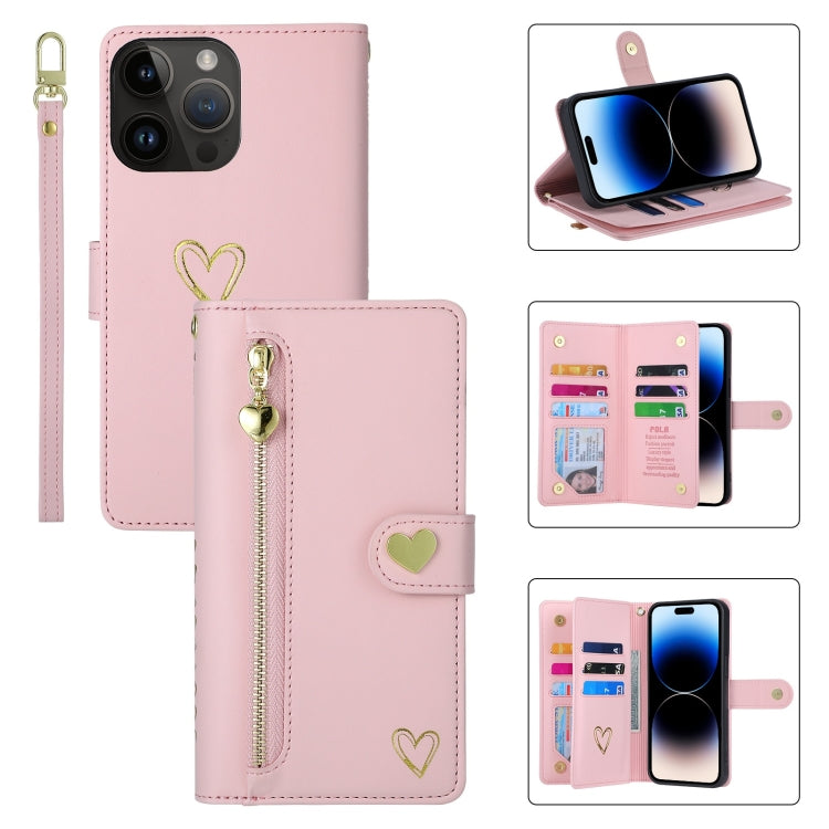 For iPhone 14 Pro POLA Love Multi-Card Slots Zipper Wallet Leather Phone Case(Pink) - iPhone 14 Pro Cases by POLA | Online Shopping UK | buy2fix