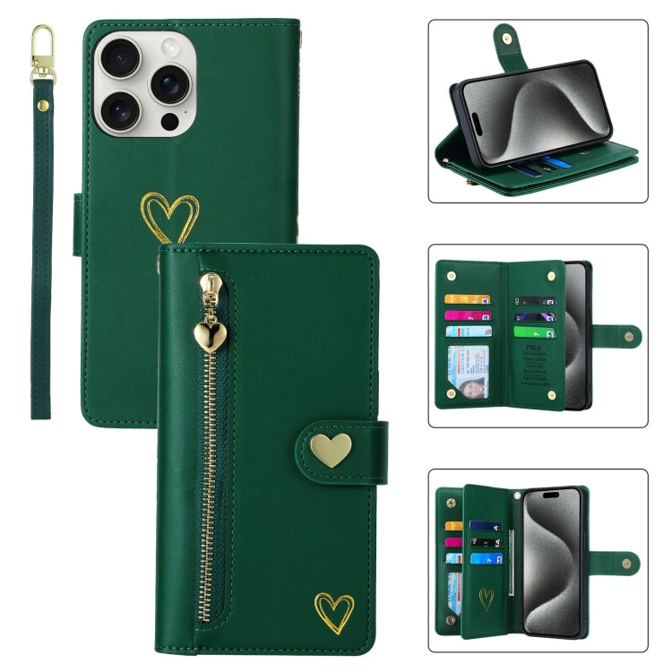 For iPhone 15 Pro Max POLA Love Multi-Card Slots Zipper Wallet Leather Phone Case(Dark Green) - iPhone 15 Pro Max Cases by POLA | Online Shopping UK | buy2fix