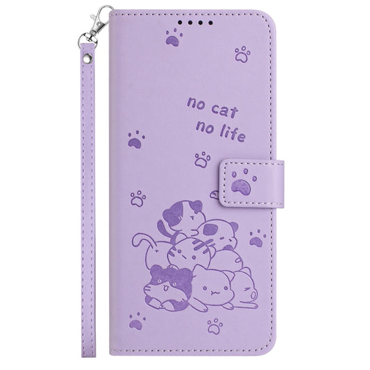 For Motorola Moto G Power 5G 2024 Embossed Kitten Phone Leather Case with Lanyard(Purple) by buy2fix