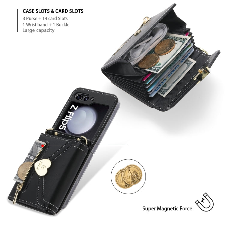For Samsung Galaxy Z Flip5 POLA Love Buckle Multi-Card Slots Zipper Wallet Phone Case(Black) - Galaxy Z Flip5 Cases by POLA | Online Shopping UK | buy2fix