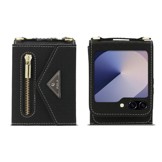 For Samsung Galaxy Z Flip6 / Flip7 FE POLA Grid Texture Multi-Card Slots Zipper Wallet Phone Case(Black) - Galaxy Z Flip6 5G Cases by POLA | Online Shopping UK | buy2fix