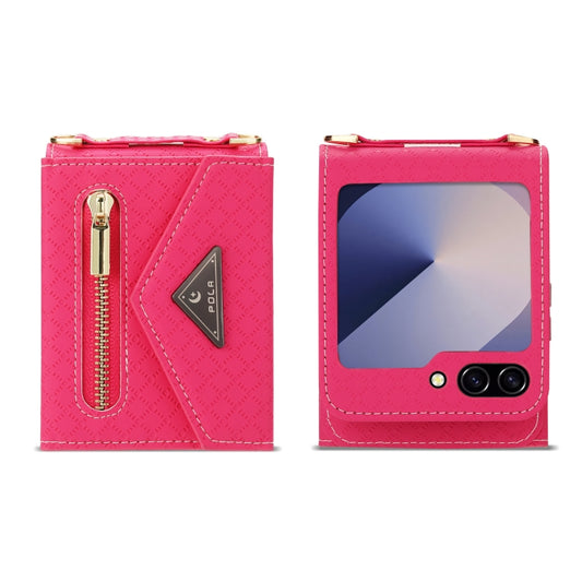 For Samsung Galaxy Z Flip6 / Flip7 FE POLA Grid Texture Multi-Card Slots Zipper Wallet Phone Case(Rose Red) - Galaxy Z Flip6 5G Cases by POLA | Online Shopping UK | buy2fix