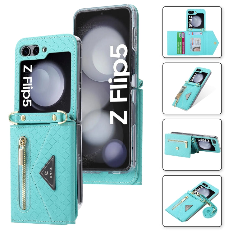 For Samsung Galaxy Z Flip5 POLA Grid Texture Multi-Card Slots Zipper Wallet Phone Case(Blue) - Galaxy Z Flip5 Cases by POLA | Online Shopping UK | buy2fix