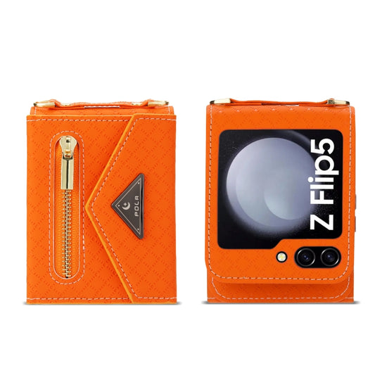 For Samsung Galaxy Z Flip5 POLA Grid Texture Multi-Card Slots Zipper Wallet Phone Case(Orange) - Galaxy Z Flip5 Cases by POLA | Online Shopping UK | buy2fix