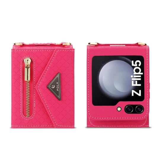 For Samsung Galaxy Z Flip5 POLA Grid Texture Multi-Card Slots Zipper Wallet Phone Case(Rose Red) - Galaxy Z Flip5 Cases by POLA | Online Shopping UK | buy2fix