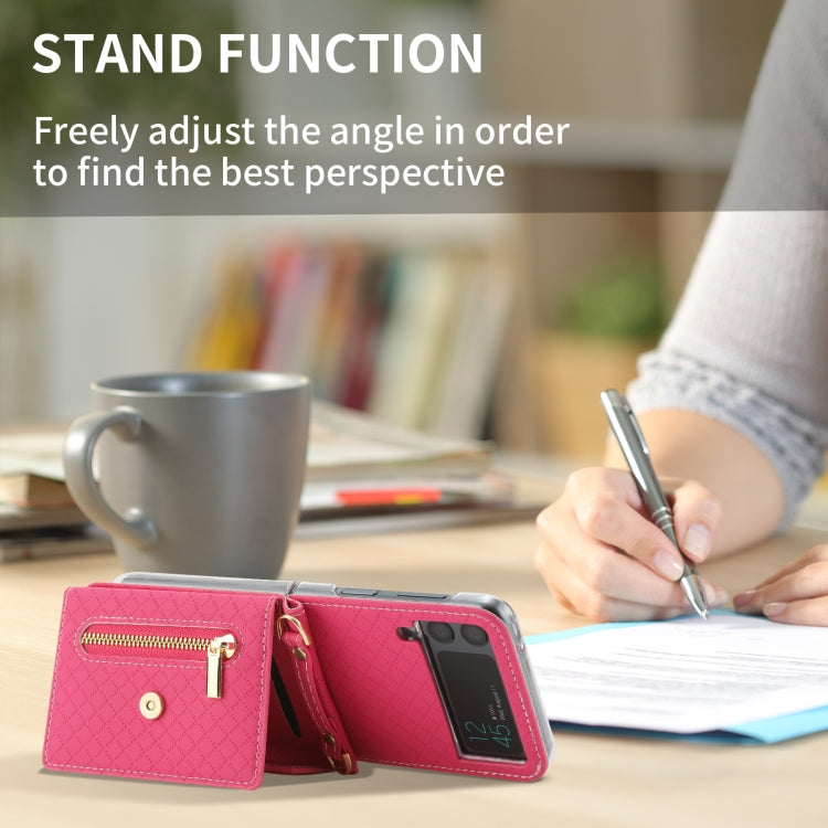 For Samsung Galaxy Z Flip4 POLA Grid Texture Multi-Card Slots Zipper Wallet Phone Case(Rose Red) - Galaxy Z Flip4 5G Cases by POLA | Online Shopping UK | buy2fix