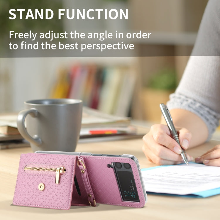 For Samsung Galaxy Z Flip3 5G POLA Grid Texture Multi-Card Slots Zipper Wallet Phone Case(Pink) - Galaxy Phone Cases by POLA | Online Shopping UK | buy2fix