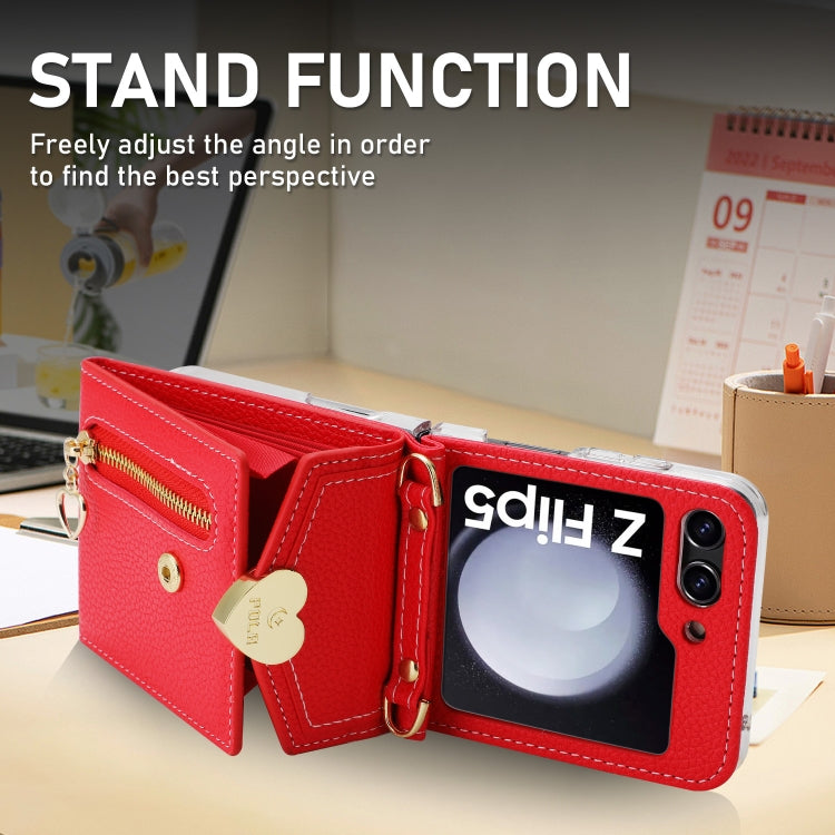 For Samsung Galaxy Z Flip5 POLA Litchi Texture Love Buckle Multi-Card Slots Zipper Wallet Phone Case(Red) - Galaxy Z Flip5 Cases by POLA | Online Shopping UK | buy2fix