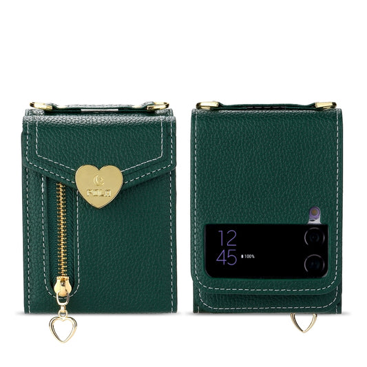 For Samsung Galaxy Z Flip4 POLA Litchi Texture Love Buckle Multi-Card Slots Zipper Wallet Phone Case(Green) - Galaxy Z Flip4 5G Cases by POLA | Online Shopping UK | buy2fix