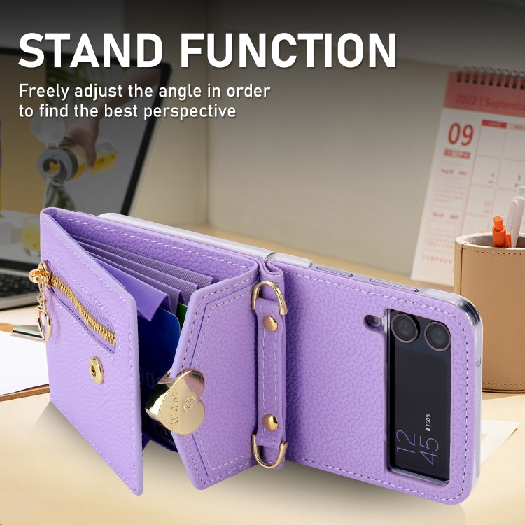 For Samsung Galaxy Z Flip3 5G POLA Litchi Texture Love Buckle Multi-Card Slots Zipper Wallet Phone Case(Purple) - Galaxy Phone Cases by POLA | Online Shopping UK | buy2fix