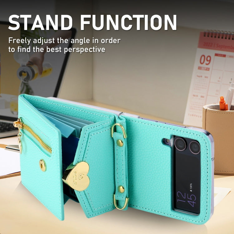 For Samsung Galaxy Z Flip3 5G POLA Litchi Texture Love Buckle Multi-Card Slots Zipper Wallet Phone Case(Blue) - Galaxy Phone Cases by POLA | Online Shopping UK | buy2fix