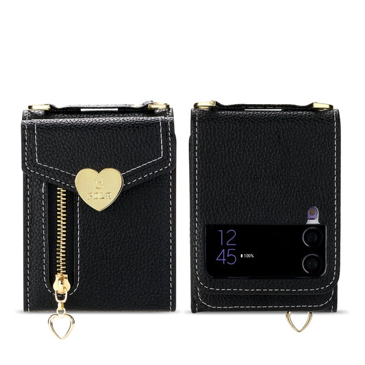 For Samsung Galaxy Z Flip3 5G POLA Litchi Texture Love Buckle Multi-Card Slots Zipper Wallet Phone Case(Black) - Galaxy Phone Cases by POLA | Online Shopping UK | buy2fix