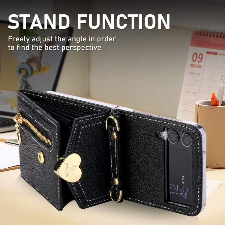 For Samsung Galaxy Z Flip3 5G POLA Litchi Texture Love Buckle Multi-Card Slots Zipper Wallet Phone Case(Black) - Galaxy Phone Cases by POLA | Online Shopping UK | buy2fix