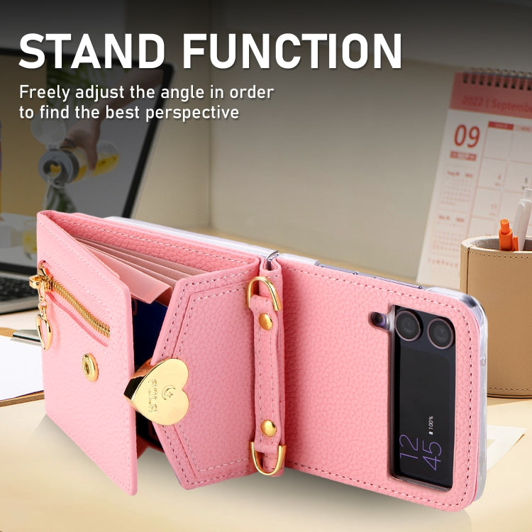 For Samsung Galaxy Z Flip3 5G POLA Litchi Texture Love Buckle Multi-Card Slots Zipper Wallet Phone Case(Pink) - Galaxy Phone Cases by POLA | Online Shopping UK | buy2fix