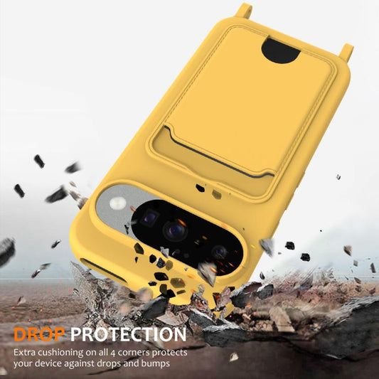 For Google Pixel 10 Integrated Card Bag Solid Color Liquid Silicone Phone Case with Lanyard(Yellow) - Google Cases by buy2fix | Online Shopping UK | buy2fix