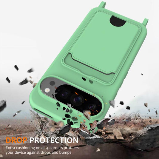 For Google Pixel 10 Pro Integrated Card Bag Solid Color Liquid Silicone Phone Case with Lanyard(Green) - Google Cases by buy2fix | Online Shopping UK | buy2fix