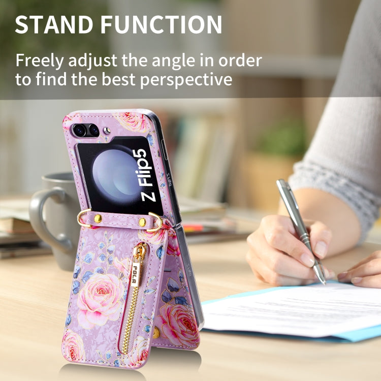 For Samsung Galaxy Z Flip5 POLA Rose Pattern Multi-Card Slots Zipper Wallet Phone Case(Purple) - Galaxy Z Flip5 Cases by POLA | Online Shopping UK | buy2fix