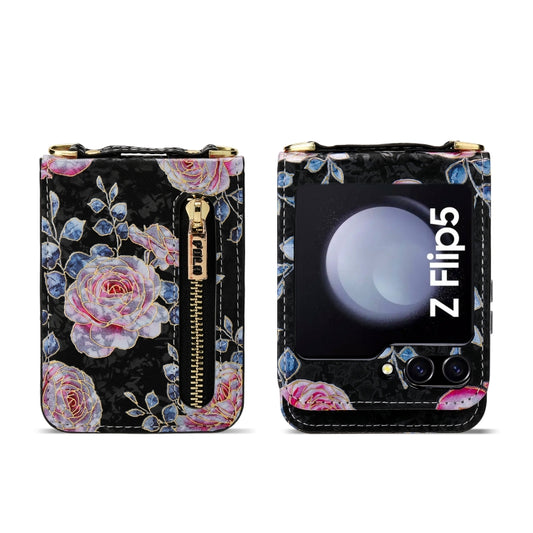 For Samsung Galaxy Z Flip5 POLA Rose Pattern Multi-Card Slots Zipper Wallet Phone Case(Black) - Galaxy Z Flip5 Cases by POLA | Online Shopping UK | buy2fix