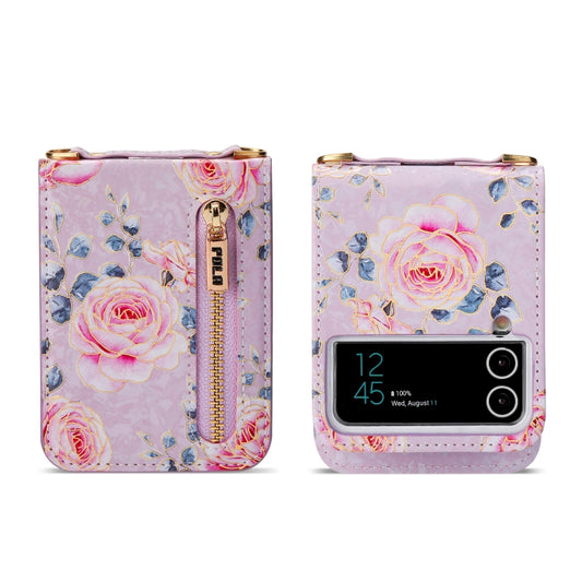 For Samsung Galaxy Z Flip4 POLA Rose Pattern Multi-Card Slots Zipper Wallet Phone Case(Purple) - Galaxy Z Flip4 5G Cases by POLA | Online Shopping UK | buy2fix