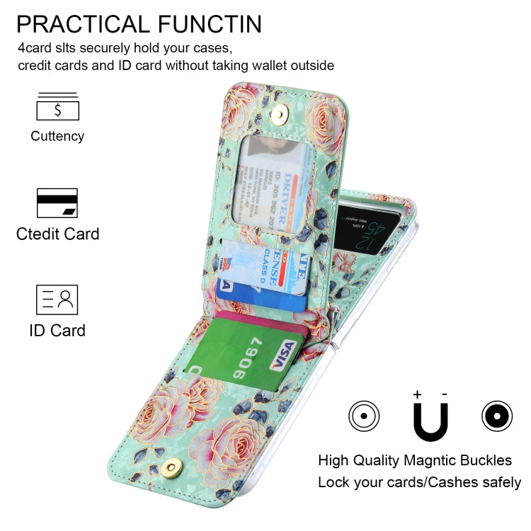 For Samsung Galaxy Z Flip4 POLA Rose Pattern Multi-Card Slots Zipper Wallet Phone Case(Cyan) - Galaxy Z Flip4 5G Cases by POLA | Online Shopping UK | buy2fix