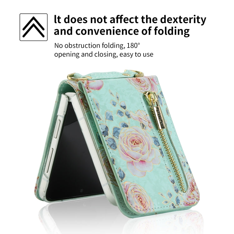 For Samsung Galaxy Z Flip4 POLA Rose Pattern Multi-Card Slots Zipper Wallet Phone Case(Cyan) - Galaxy Z Flip4 5G Cases by POLA | Online Shopping UK | buy2fix