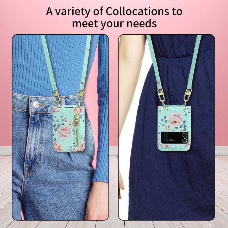 For Samsung Galaxy Z Flip4 POLA Rose Pattern Multi-Card Slots Zipper Wallet Phone Case(Cyan) - Galaxy Z Flip4 5G Cases by POLA | Online Shopping UK | buy2fix