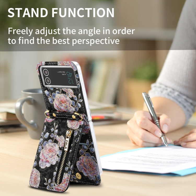 For Samsung Galaxy Z Flip3 5G POLA Rose Pattern Multi-Card Slots Zipper Wallet Phone Case(Black) - Galaxy Phone Cases by POLA | Online Shopping UK | buy2fix