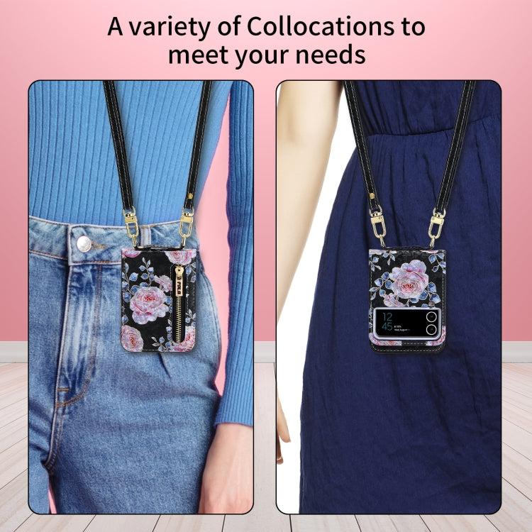 For Samsung Galaxy Z Flip3 5G POLA Rose Pattern Multi-Card Slots Zipper Wallet Phone Case(Black) - Galaxy Phone Cases by POLA | Online Shopping UK | buy2fix
