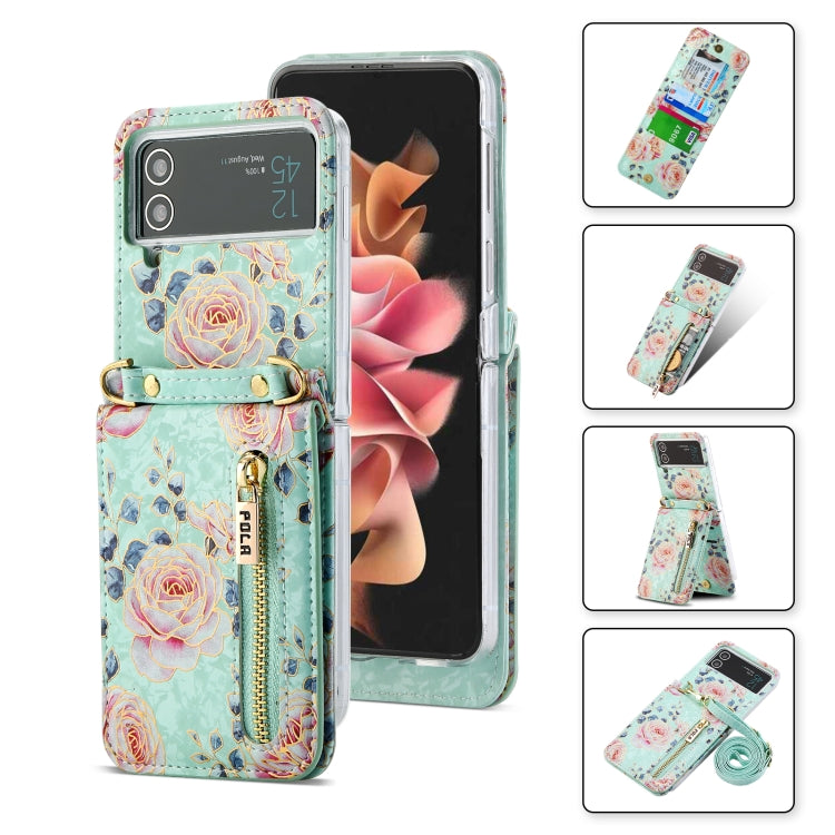 For Samsung Galaxy Z Flip3 5G POLA Rose Pattern Multi-Card Slots Zipper Wallet Phone Case(Cyan) - Galaxy Phone Cases by POLA | Online Shopping UK | buy2fix