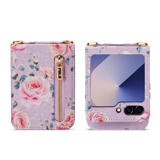 For Samsung Galaxy Z Flip6 / Flip7 FE POLA Rose Pattern Multi-Card Slots Zipper Wallet Phone Case(Purple) - Galaxy Z Flip6 5G Cases by POLA | Online Shopping UK | buy2fix