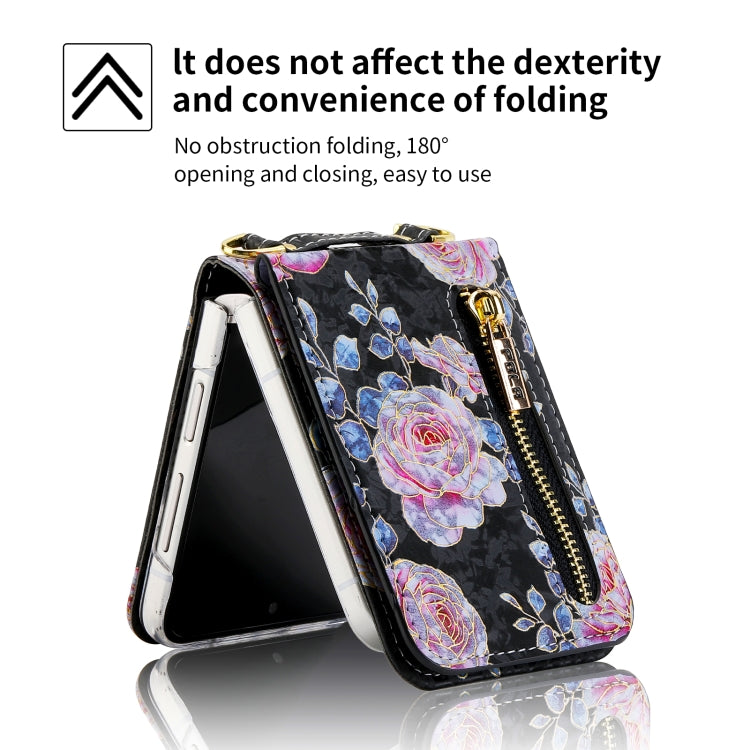 For Samsung Galaxy Z Flip6 / Flip7 FE POLA Rose Pattern Multi-Card Slots Zipper Wallet Phone Case(Black) - Galaxy Z Flip6 5G Cases by POLA | Online Shopping UK | buy2fix