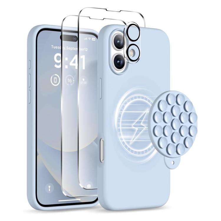 For iPhone 16 Plus Silicone Suction Cup MagSafe Phone Case with Screen Film & Lens Film(Sierra Blue) - iPhone 16 Plus Cases by buy2fix | Online Shopping UK | buy2fix