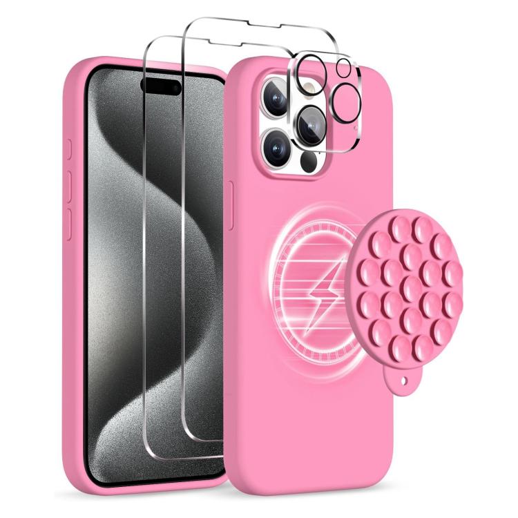 For iPhone 15 Pro Silicone Suction Cup MagSafe Phone Case with Screen Film & Lens Film(Soft Pink) - iPhone 15 Pro Cases by buy2fix | Online Shopping UK | buy2fix