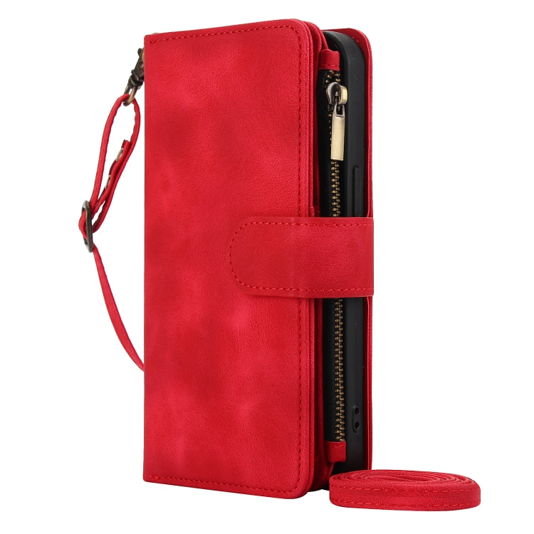 For iPhone 15 Dream 9-Card Zipper Wallet RFID Leather Phone Case with Lanyard(Red) - iPhone 15 Cases by buy2fix | Online Shopping UK | buy2fix