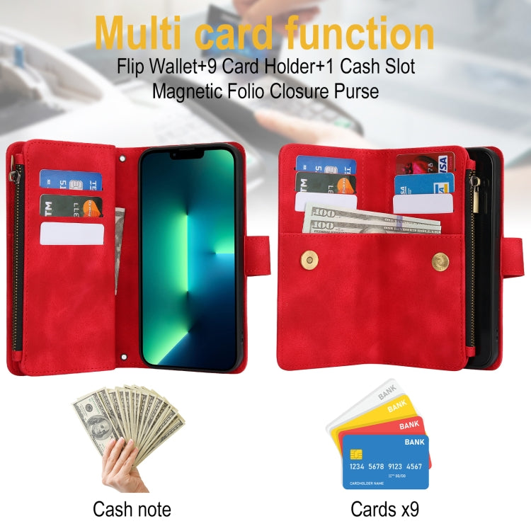 For iPhone 15 Pro Dream 9-Card Zipper Wallet RFID Leather Phone Case with Lanyard(Red) - iPhone 15 Pro Cases by buy2fix | Online Shopping UK | buy2fix