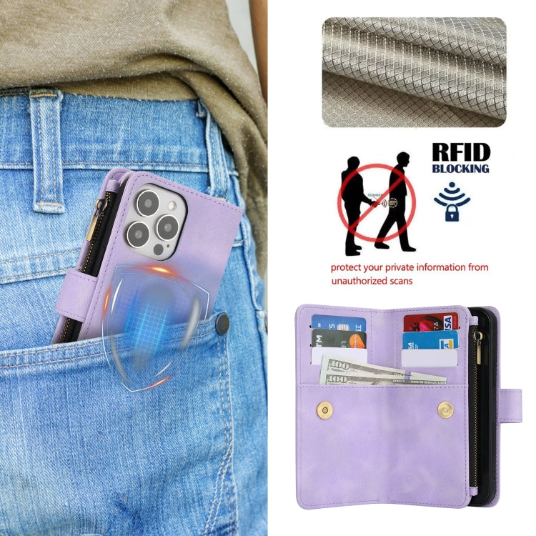 For iPhone 15 Pro Dream 9-Card Zipper Wallet RFID Leather Phone Case with Lanyard(Purple) - iPhone 15 Pro Cases by buy2fix | Online Shopping UK | buy2fix