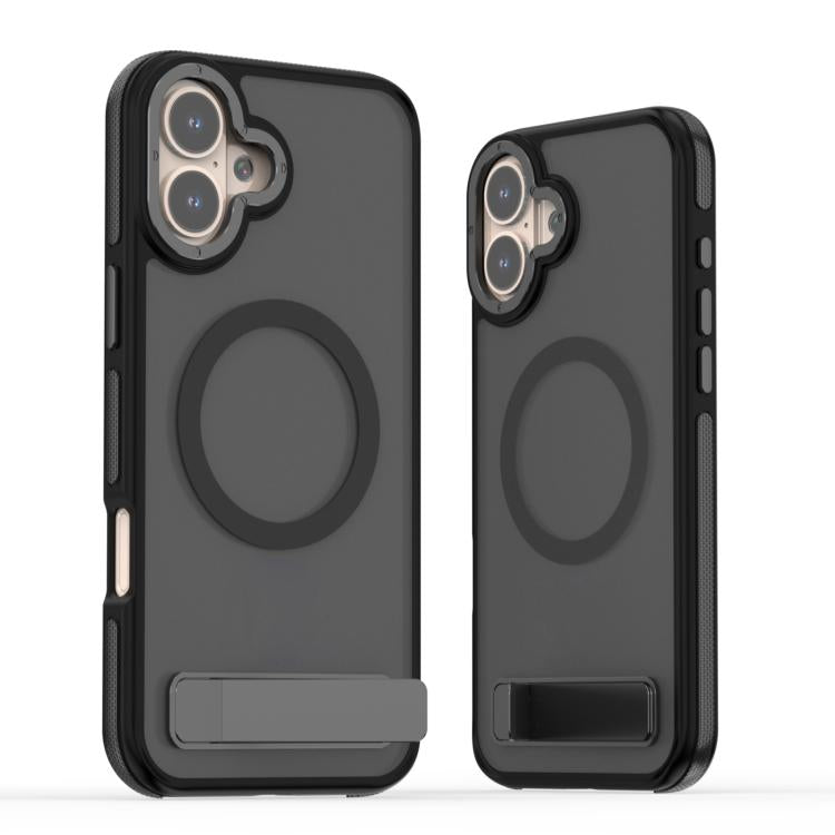 For iPhone 16 Dual-Color Skin Feel Magsafe Phone Case with Holder(Black) - iPhone 16 Cases by buy2fix | Online Shopping UK | buy2fix