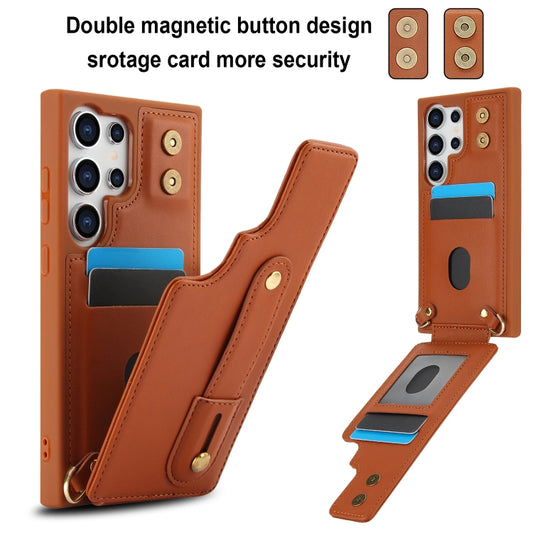 For Samsung Galaxy S25 Ultra 5G Wristband Vertical Flip Wallet Back Cover Phone Case with Long Lanyard(Brown) by buy2fix