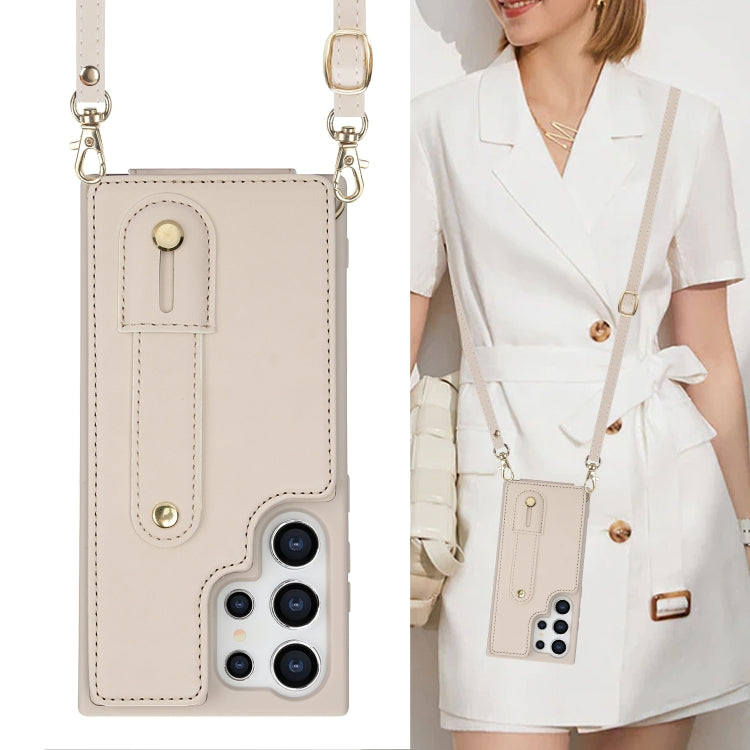 For Samsung Galaxy S25 Ultra 5G Wristband Vertical Flip Wallet Back Cover Phone Case with Long Lanyard(White) by buy2fix