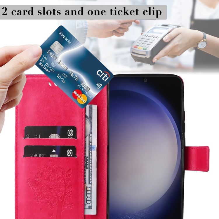 For Samsung Galaxy S25 / S24 5G Tree & Cat Embossed Pattern Flip Leather Phone Case(Rose Red) by buy2fix