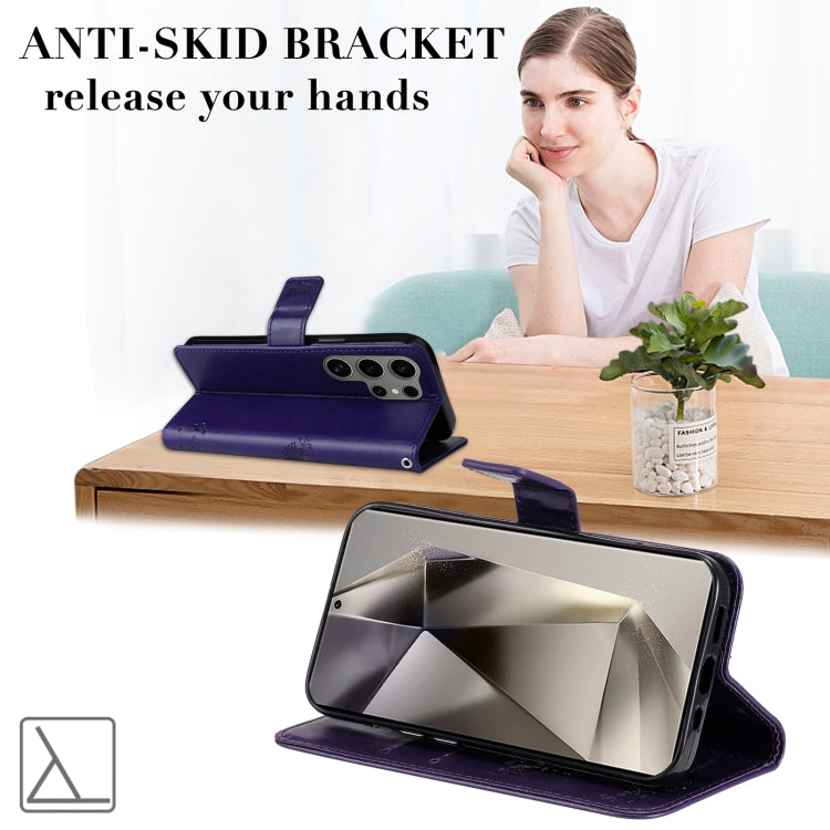 For Samsung Galaxy S25 Ultra 5G Tree & Cat Embossed Pattern Flip Leather Phone Case(Purple) by buy2fix