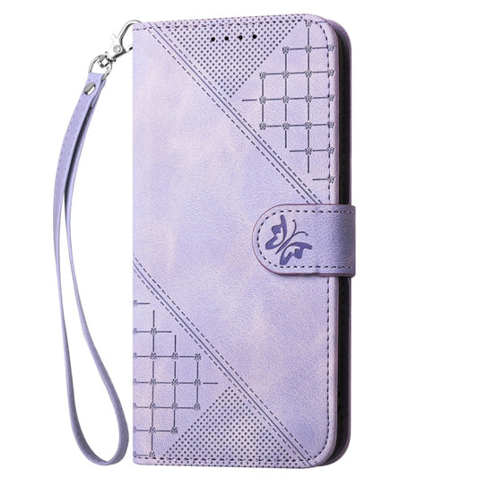 For Samsung Galaxy S25 Ultra 5G Grid Butterfly Embossed Pattern Leather Phone Case with Lanyard(Light Purple) by buy2fix