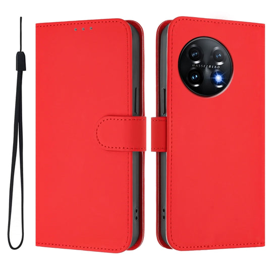 For OnePlus 11 Skin Feel Solid Color Leather Phone Case with Lanyard(Red) by buy2fix